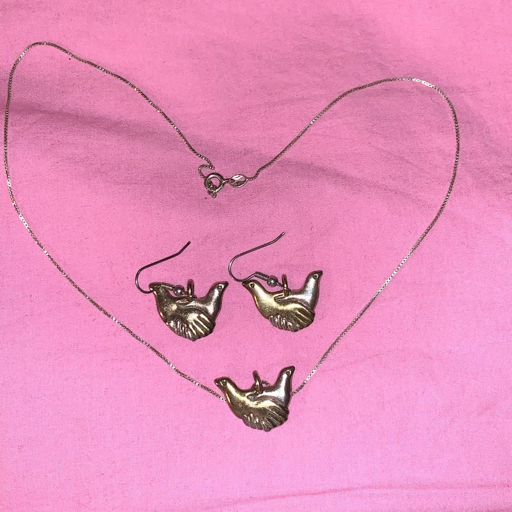 gold and silver necklace and earrings set birds